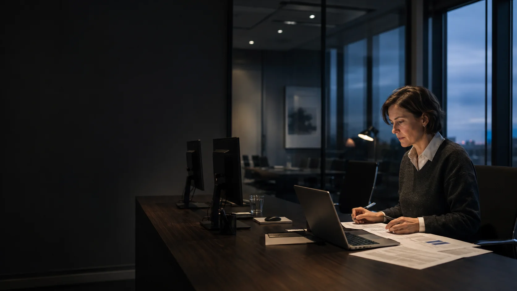 Escena generada de una responsable de empresa trabajando con documentos y un portátil